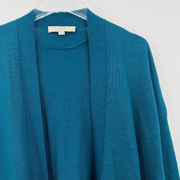 LOFT Size XS Dark Teal Wool Blend Open Front Long Sleeve Cardigan Sweater - Picture 4 of 9